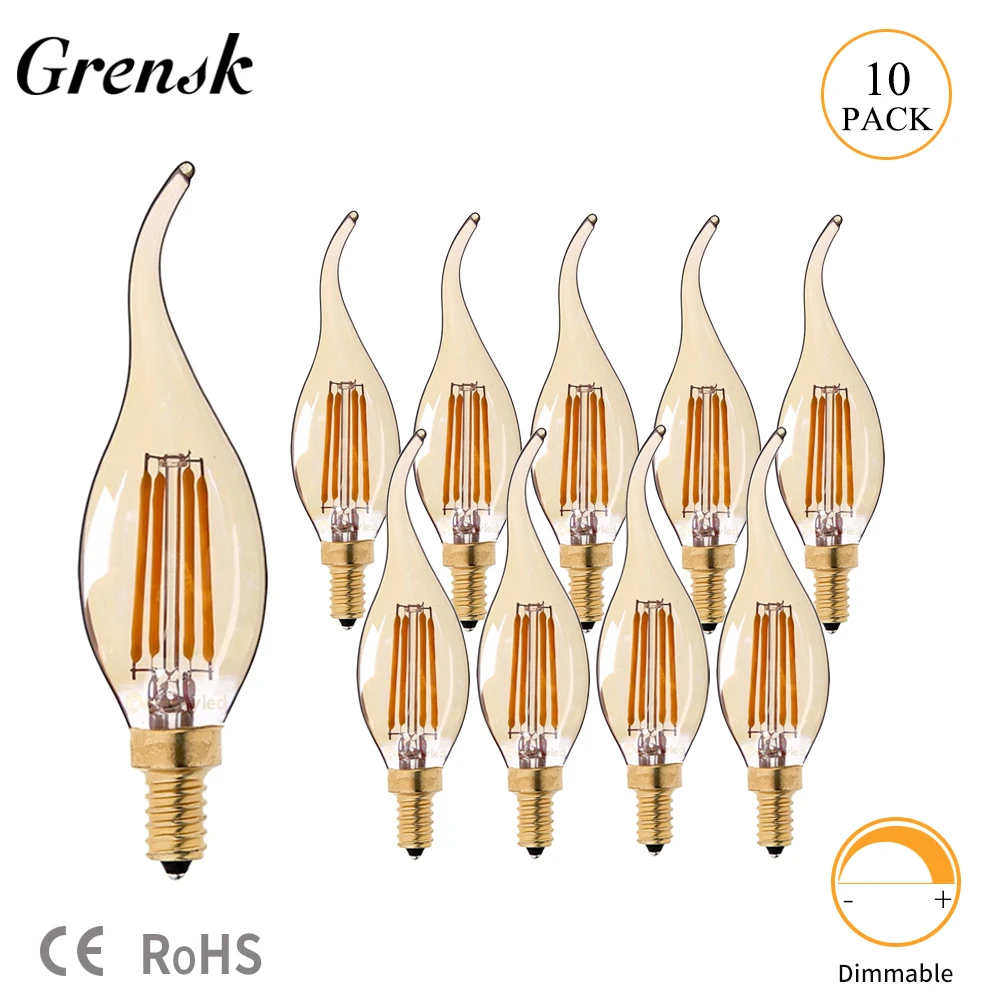 2200k 10pcs Grensk 4W Диммируемый светодиодный светильник-свеча с нитью накаливания 2200K E14 канделябр в форме пламени с изогнутым кончиком 25W эквивалент C35 - Испускаемый цвет: 2200k 10pcs