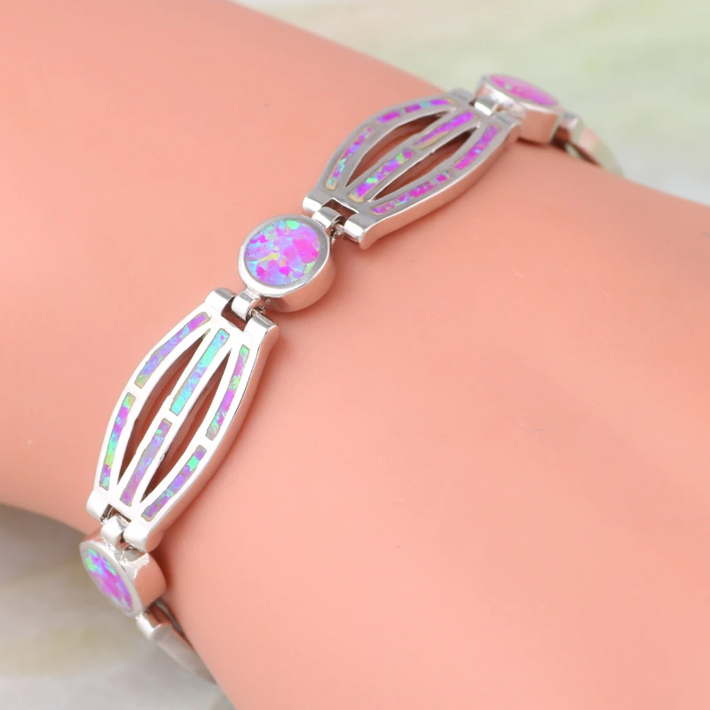 

New Hot Popular womens Silver Color Pink Fire Opal Bracelets bangles for teen girls pulseiras femininas 19cm 7.48 inch B470