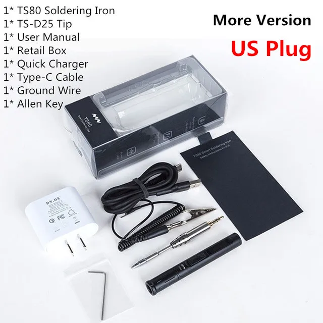 US Plug Мини TS80 цифровая паяльная станция usb type-C QC3.0 OLED программируемый STM32 чип набор инструментов TS-D25 наконечников - Цвет: US Plug