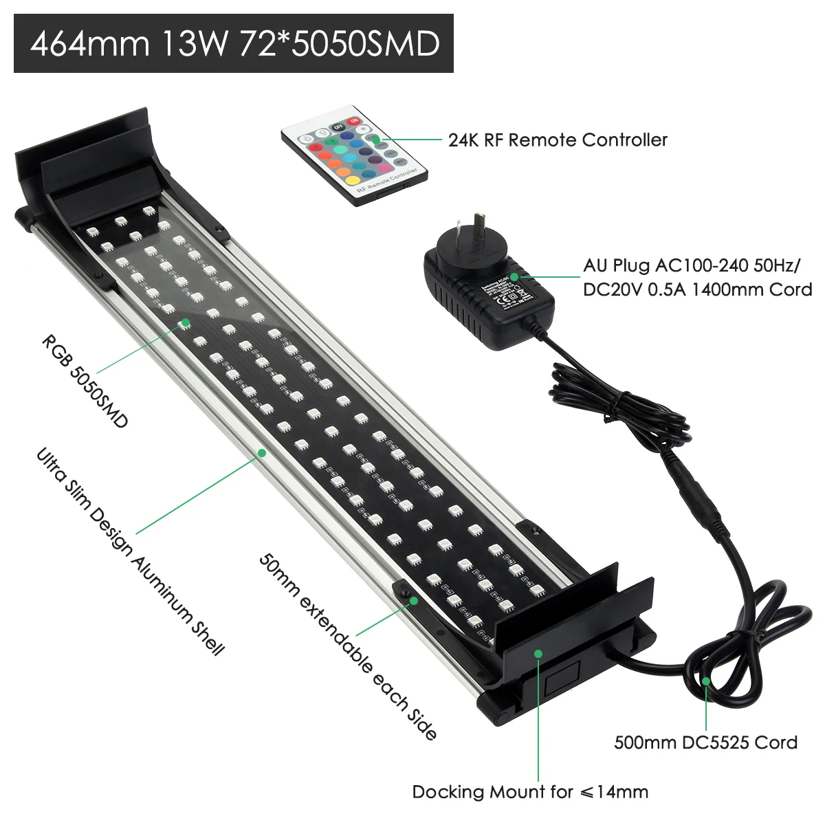 AU Plug аквариумный аквариум Lisht аквариумный Декор 8 Вт 10 Вт 13 Вт 15 Вт RGB дистанционный водонепроницаемый Светодиодный светильник с выдвижными кронштейнами - Цвет: 13W