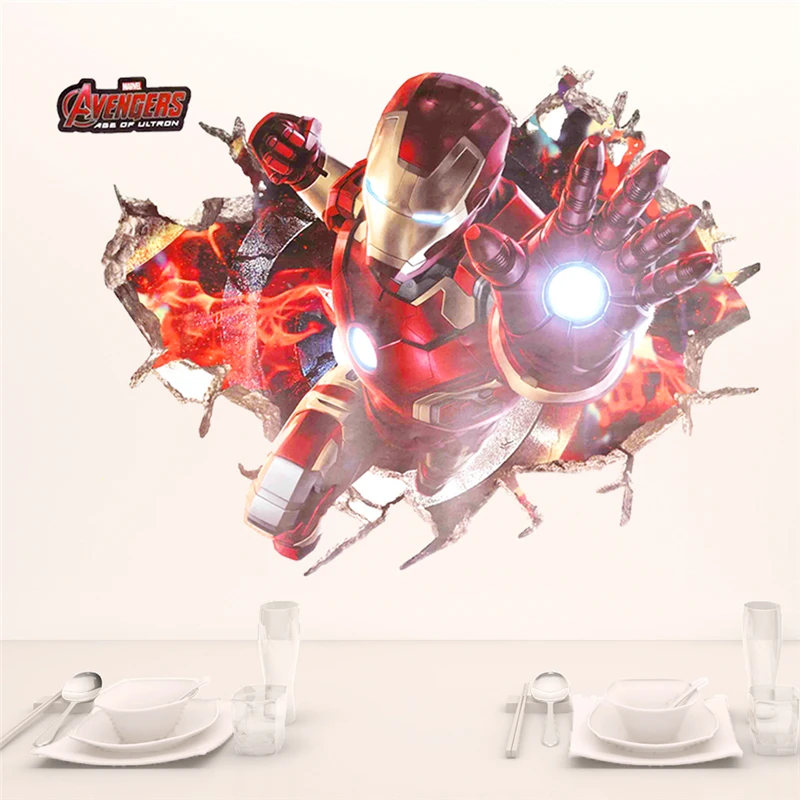 

3d effect iron man hero through wall stickers for kids rooms nursery wall art decals decor The Avengers wallpaper diy poster