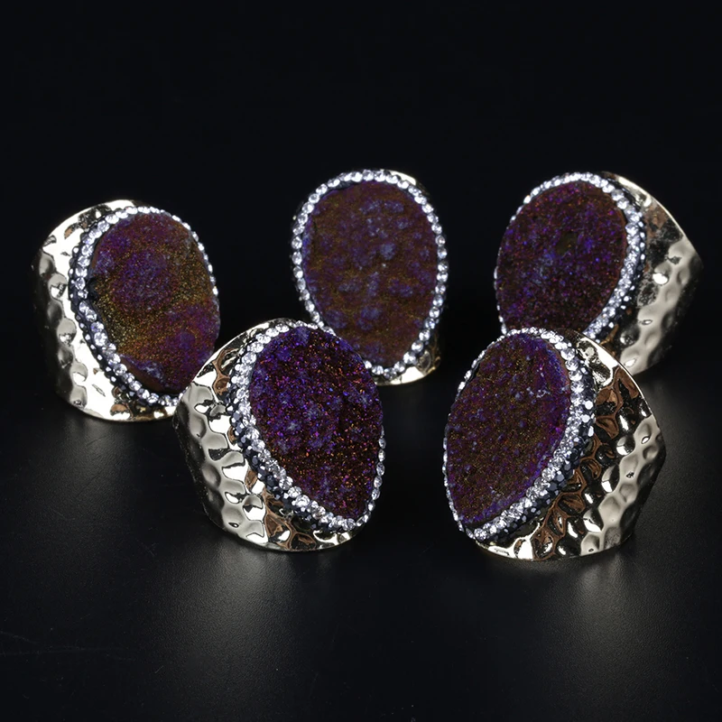 big water tear drop multi colors rough druzy stone bead charm pave rhinestone wide wrap hammered gold open rings cuff for women | Украшения
