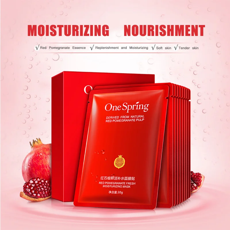 10PCS One Spring Red Pomegranate Facial Mask Smooth Moisturizing Oil Control Shrink Pores Tightening Skin Whitening Care|face skin care|pomegranate