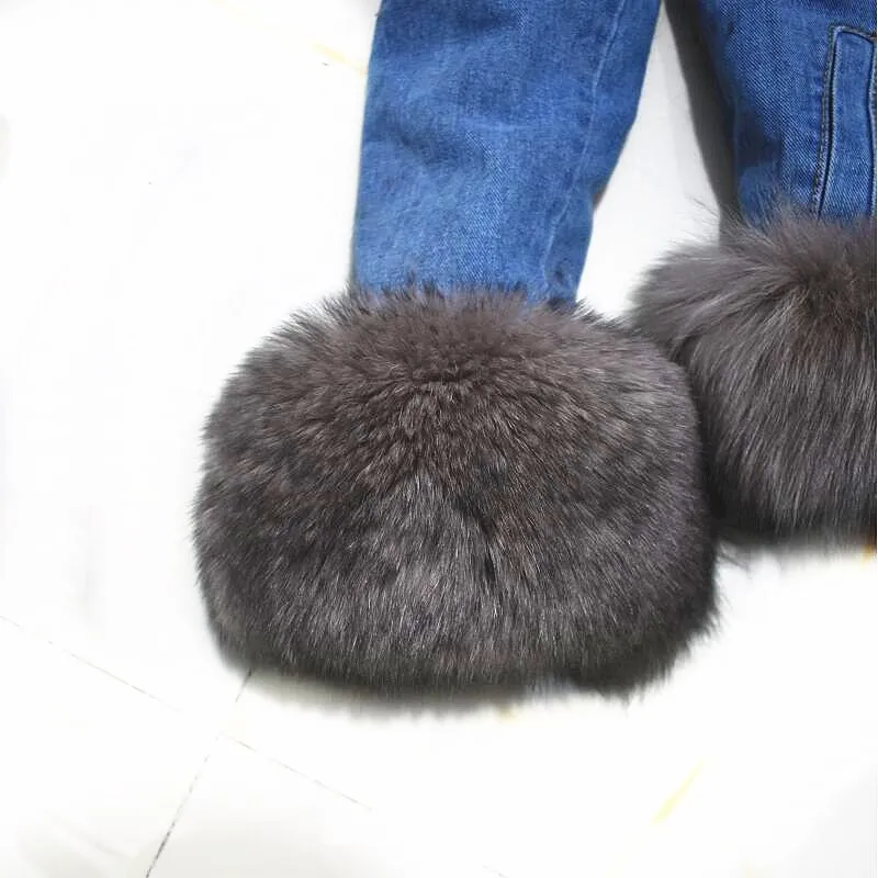 

2020Women's New Natural Fox Fur Denim Jacket, Parker Clothing Rabbit Fur Lining Real Fox Fur Denim Jacket Warm Fashion Casual E