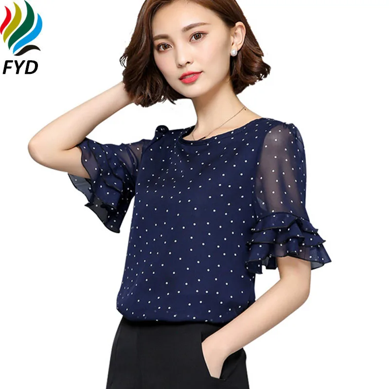 New 2017 Polka Dot Chiffon Women Blouses Shirts Short Sleeve Ruffles Summer Plus Size 3XL Woman Clothing Brand Tops |