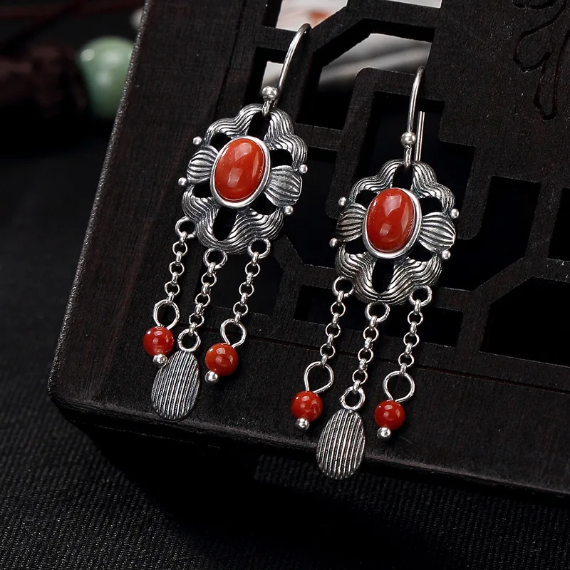 

2018 Rushed Direct Selling Brinco One Deer S925 Pure Antique Old Inlaid Agate Tassel Lady High-end Earrings Wholesale