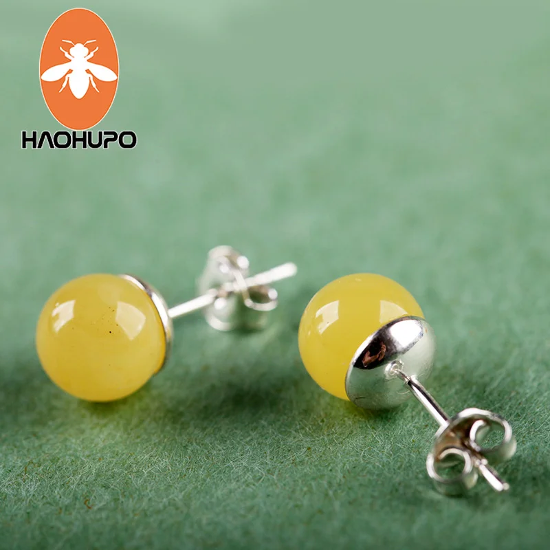Женские круглые серьги гвоздики Hao Hu Po из серебра 925 пробы с янтарем 8