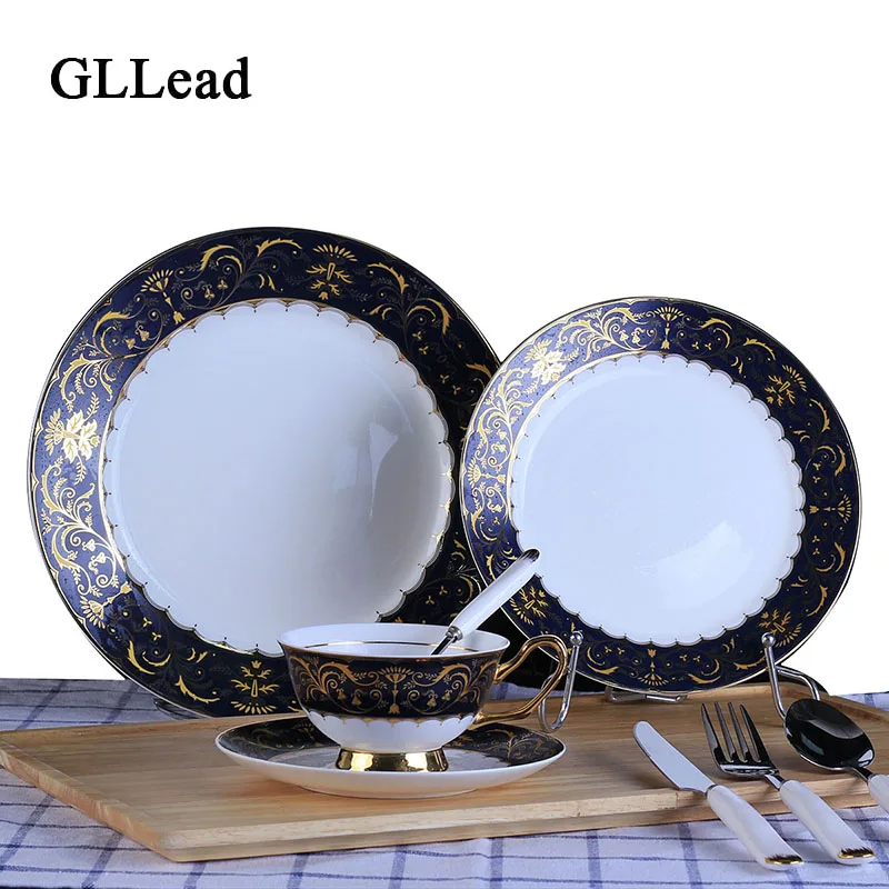 GLLead китайская фарфоровая посуда, керамические обеденные тарелки, европейские блюда, черные и золотые блюда, вилка и ложка, набор
