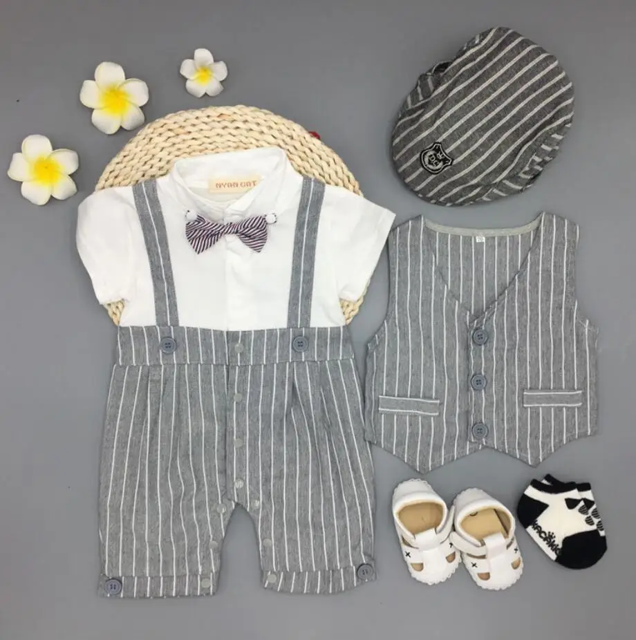 5 pieces set--gray Одежда для новорожденных мальчиков, смокинг для свадьбы, дня рождения, хлопковый жилет+ боди+ шапка+ нагрудник+ носки+ обувь, детский костюм на крестины - Цвет: 5 pieces set--gray
