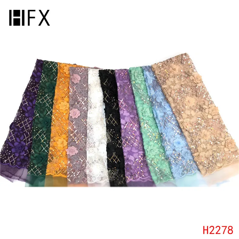 

HFX Nigerian sequins Lace Fabric 2019 High Quality French African 3D flower beads Net Tulle Lace Fabric for Wedding dress H2278