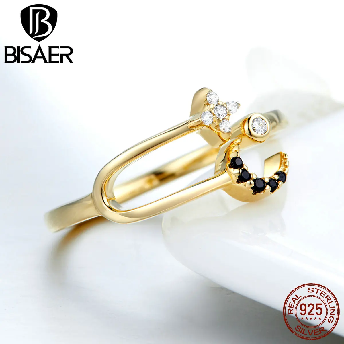 Кольца BISAER, 925 пробы, серебро, золото, цвет, Луна и звезда, открытый палец, кольцо для женщин, регулируемые кольца, мода, бижутерия, GAR020