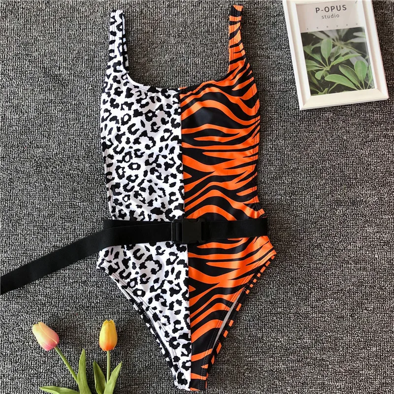 In X боди с поясом Цельный купальник женский леопардовый рисунком 2019 вырезом на