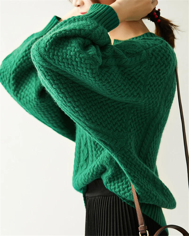 pure goat cashmere twisted knit women pullover sweater emerald green Vneck lantern sleeve XS-3XL wholesale retail customize | Женская
