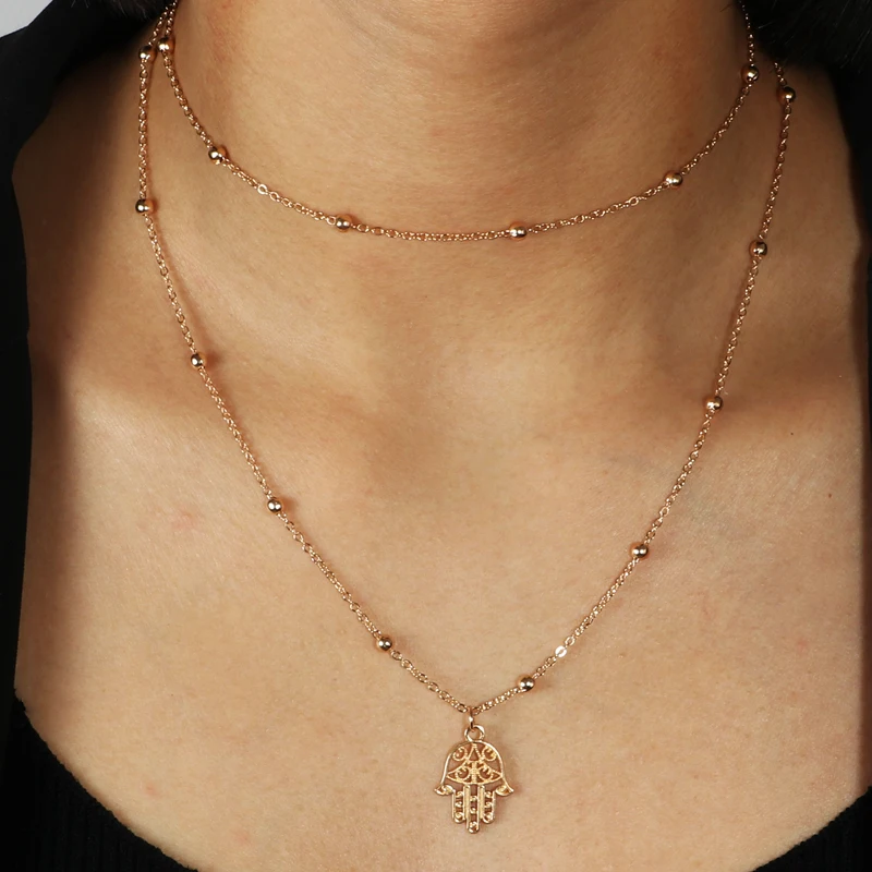 

Simple Style Double Layer Small Alloy Beads Hamsa Hand Chain Necklaces for Women Party DIY Jewelry Femme Bijoux Colliers Gifts
