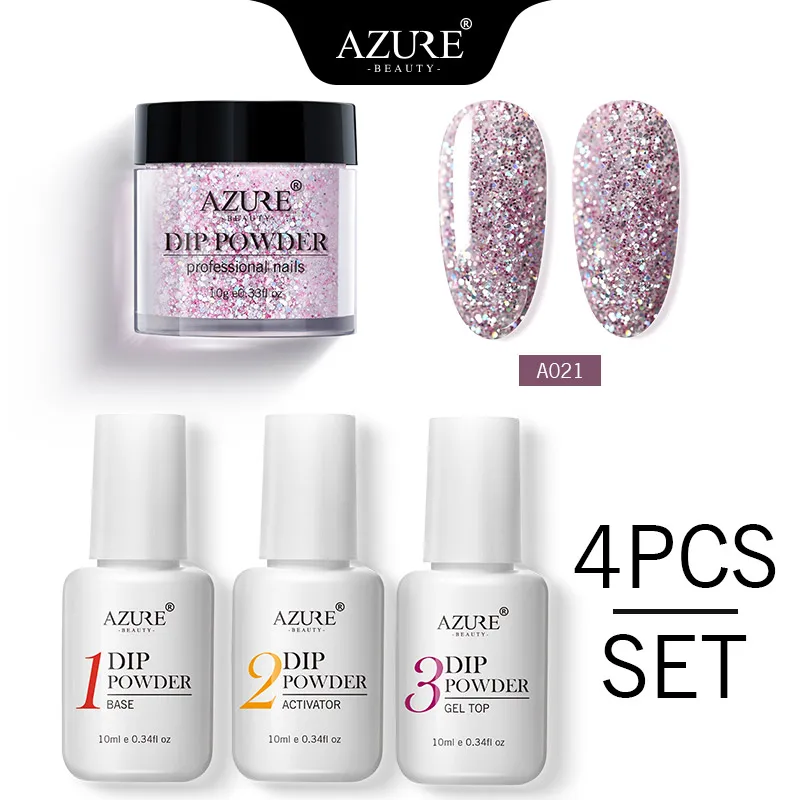 21 Azure Beauty 4Pcs/Lot Dipping Powder Base Nail Coat Set Shiny Glitter Dip Powder Gradient Color Powder Kits Top Gel Activator - Цвет: 21