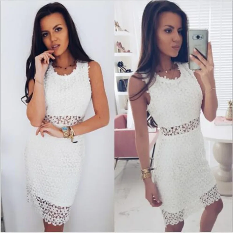 2018 Летний стиль Для женщин Bodycon платья без рукавов тонкие полые клуб кружевном