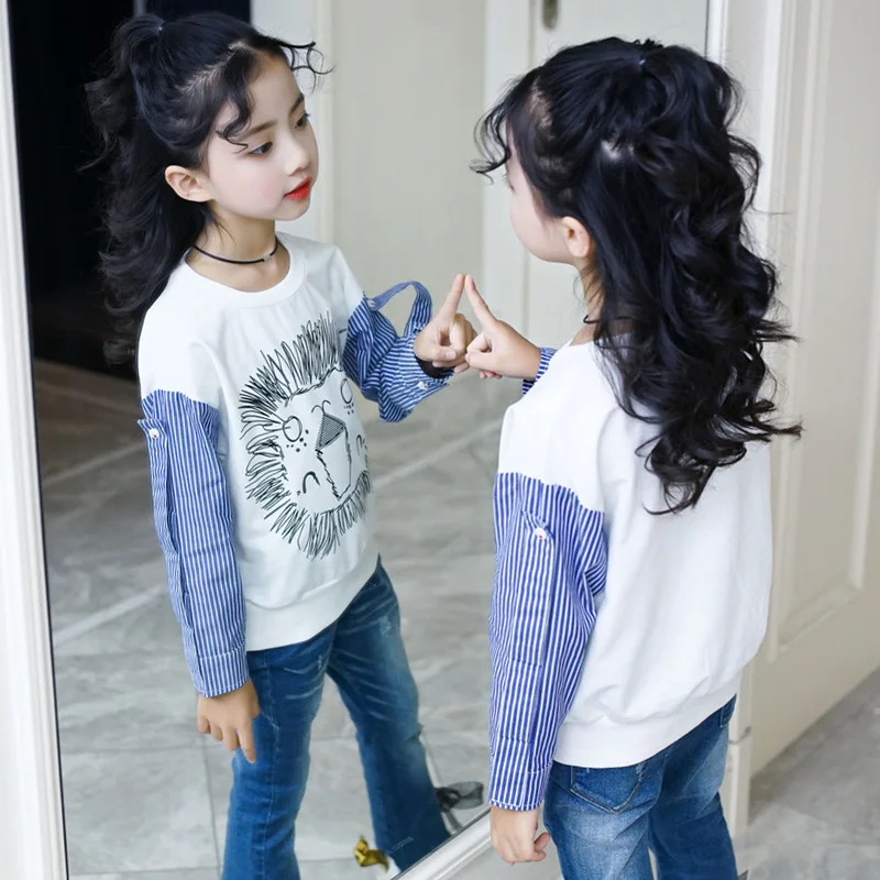 

Kids T-Shirts for Girls Children's Wear Clothes Autumn New Children's Cartoon Hedgehog T-shirts Blue White Color 4-12 Ages