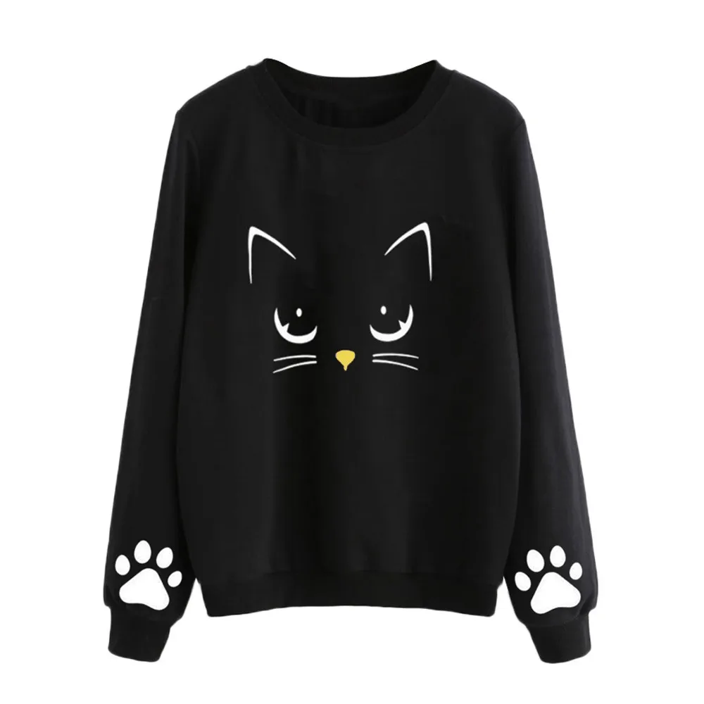 Autumn Winter Women Hoodies Cat Print O Neck Ladies Sweatshirt Casual Long Sleeve Regular Blouse Tops Loose Pullover