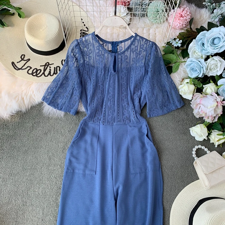 ALPHALMODA, летние женские кружевные однотонные облегающие комбинезоны с коротким рукавом и поясом, изящные женские комбинезоны
