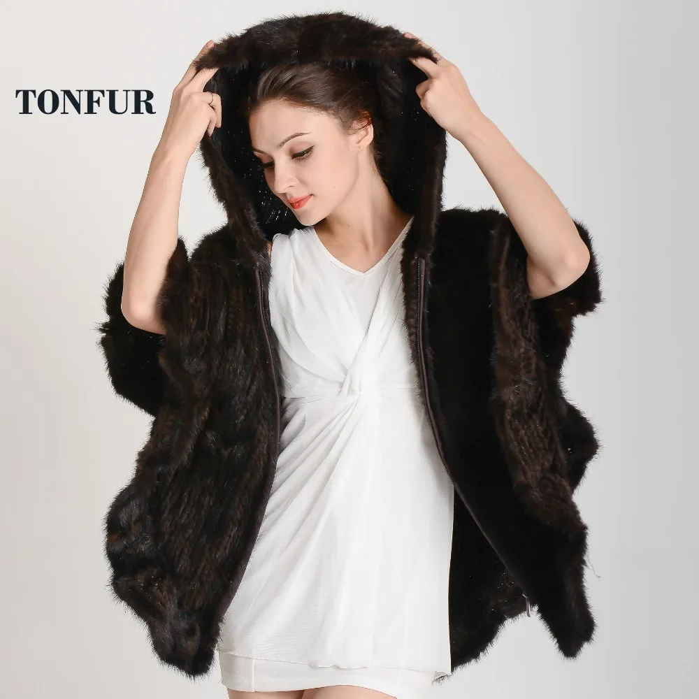 Из натуральной норки Мех шаль пончо с капюшоном Для женщин вязаной пальто мехом