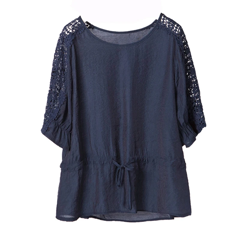 

Linen Tops women Casual Cotton O-Neck Hollow Out T-shirt Summer new Loose Half sleeve Tops Tees women