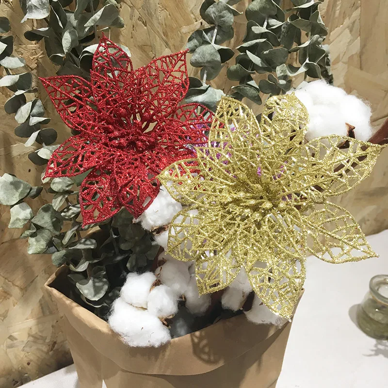 10PCS Glitter Hollow Artificial Flower Xmas Ornament Christmas Tree Decoration Festival Party Home New Year 5Z | Дом и сад