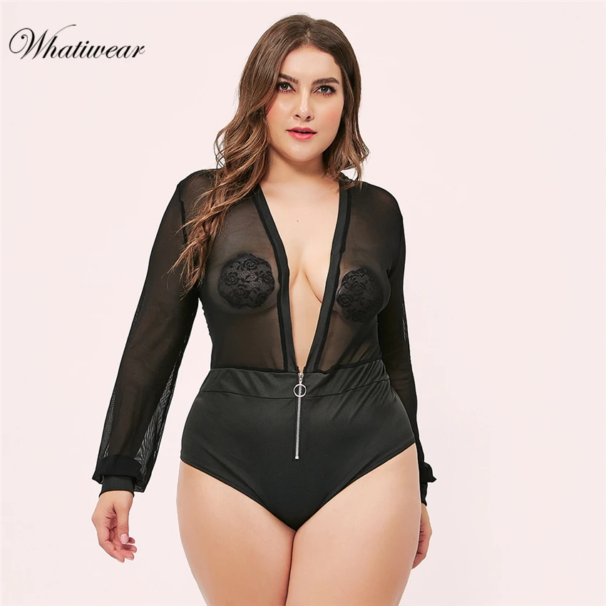 Whatiwear плюс размер с длинным рукавом Кружевное боди прозрачное Женское