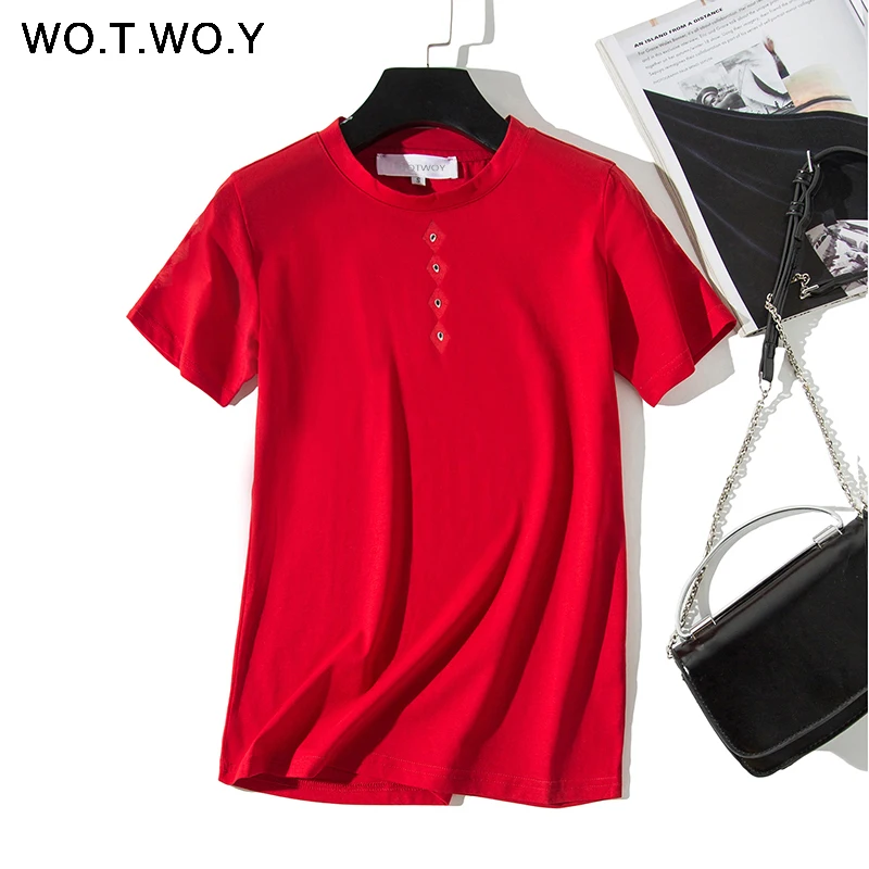 WOTWOY 2019 летние однотонные базовые бриллиантовые футболки женские хлопковые