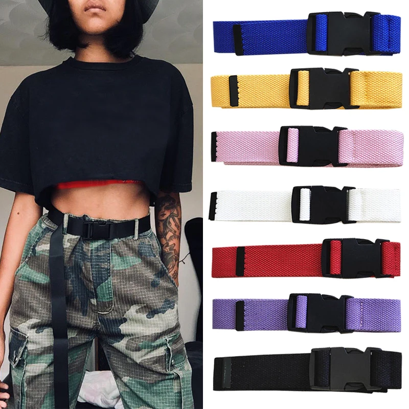 

Adjustable Fashion Black Canvas Belt for Women Casual Female Waist Belts with Plastic Buckle Harajuku Solid Color Long Belts