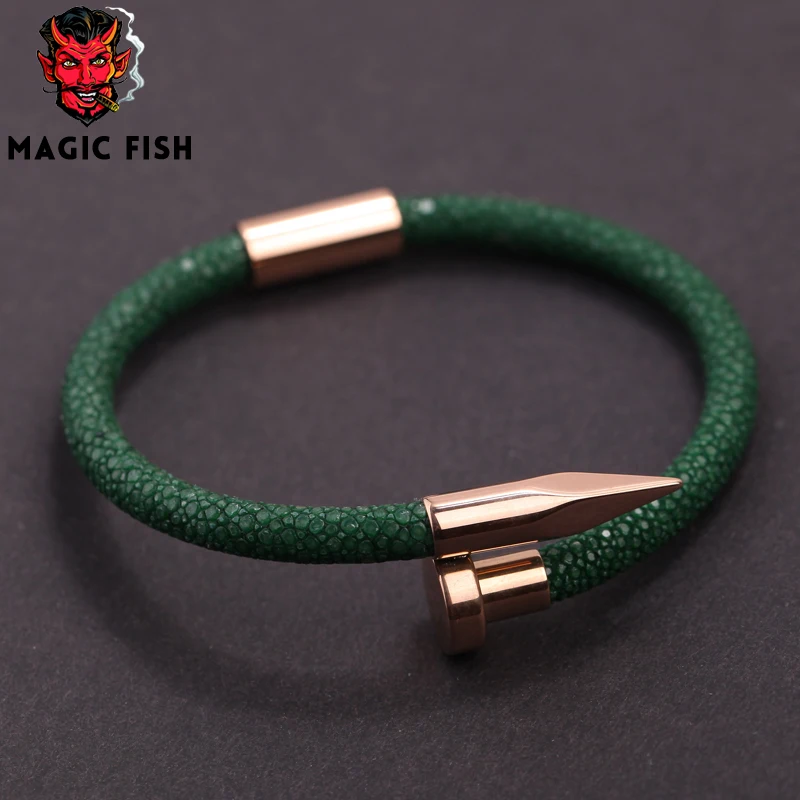 Браслеты Magic Fish браслеты для мужчин темно зеленая кожа ската розовое золото