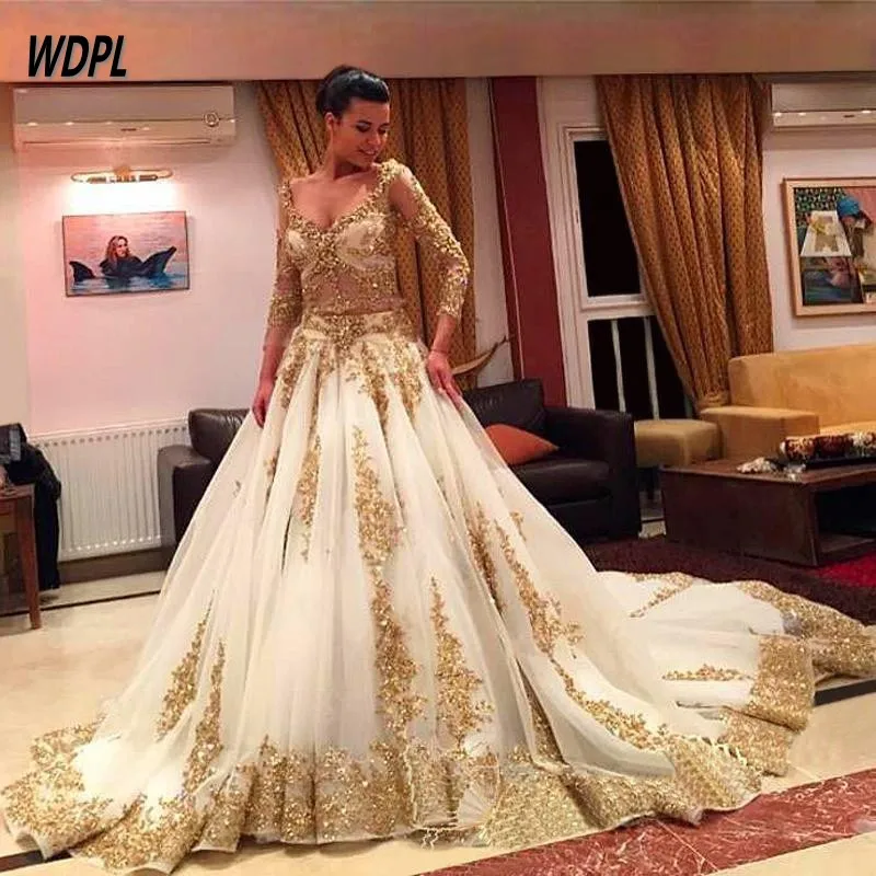 Роскошные золотые свадебные платья с v образным вырезом Sheer Shining свадебное платье