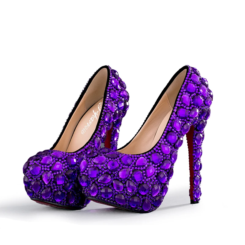 

Women High Heels Purple Crystal Handmade Bride Marriage Shoes Wedding Party Prom Pumps Plus Size Adult Ceremony Shoes