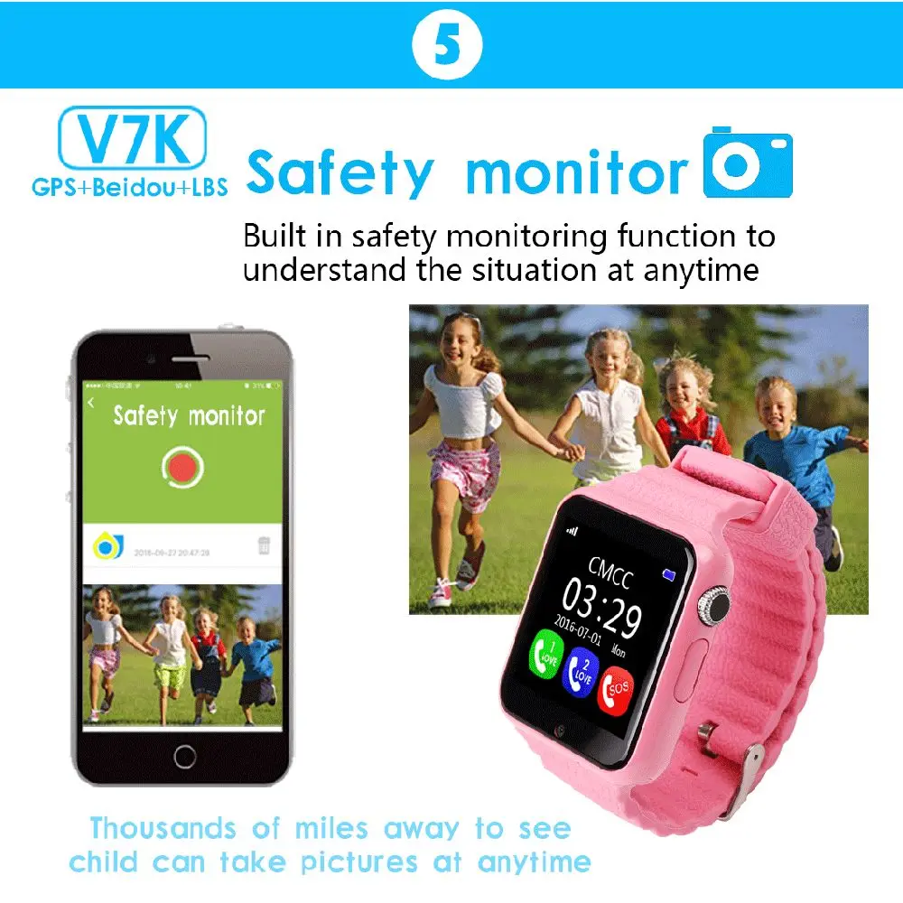 Детская GPS Bluetooth Smart часы V7K безопасности анти потерянный трекер Facebook