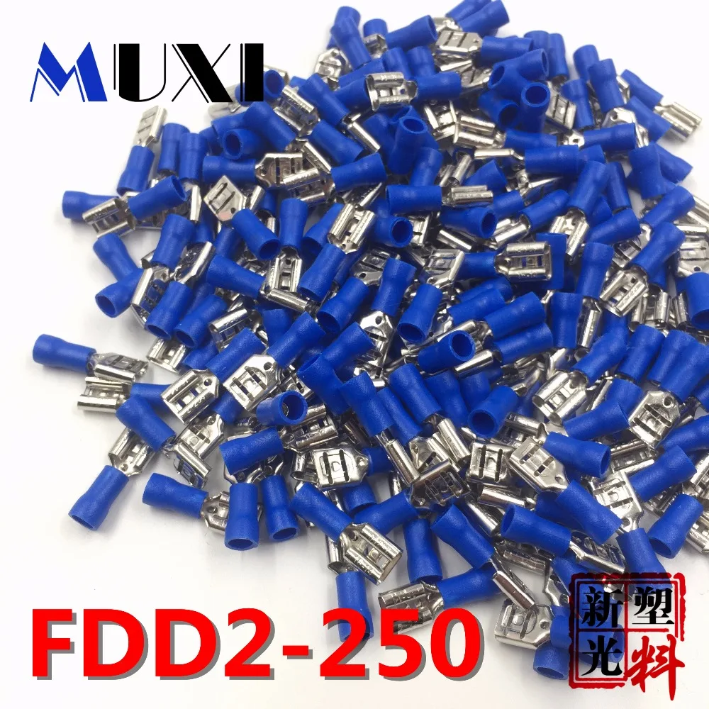 FDD2-250 Female Insulated Electrical Crimp Terminal for 1.5-2.5mm2 Connectors Cable Wire Connector 100PCS/Pack BLUE