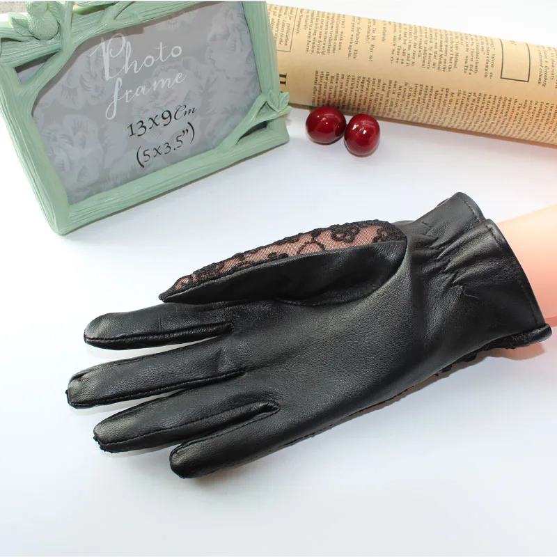 Перчатки женские из натуральной овечьей кожи солнцезащитные кружевные митенки с