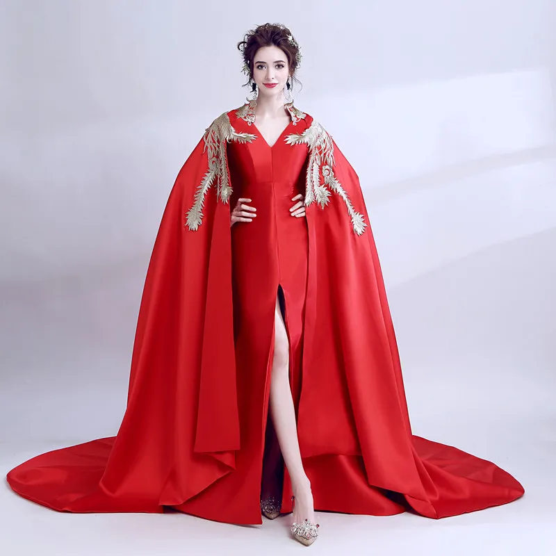 

Mermaid Slit Leg Satin Embroidery Luxury Evening Dresses with Cape 2019 New Design Bride Banquet Party Prom Dress XK64