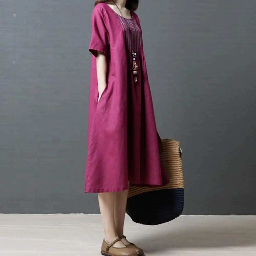 Женское льняное платье с винтажным принтом Повседневное средней длины коротким