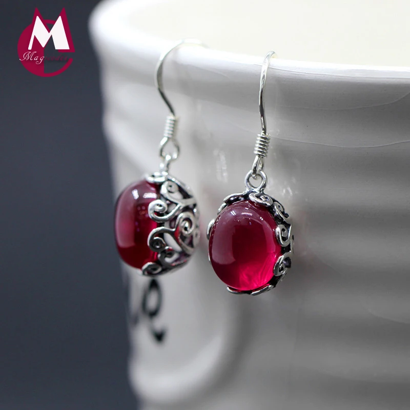 Женские серьги подвески из серебра 100% пробы с красным нефритом|drop earrings|earrings
