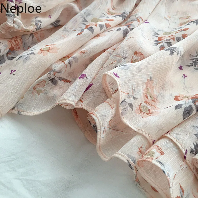 Neploe шифон Цветочные женские блузки лето корейский v-образный вырез с пышными рукавами Blusa Новые свободные женские рубашки 44853