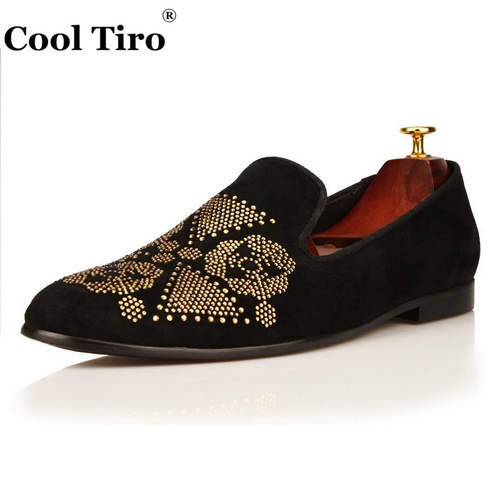 COOL TIRO Strass/мужские лоферы Черные замшевые шлепанцы без задника с золотыми цветами