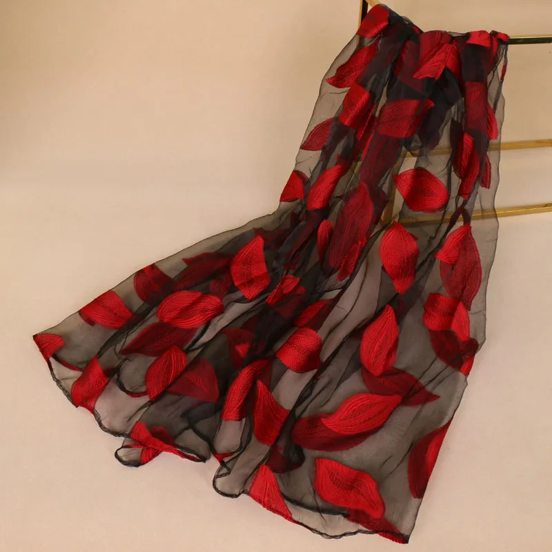 2017 Женский шарф из органзы солнцезащитный с вышивкой в виде листьев большой