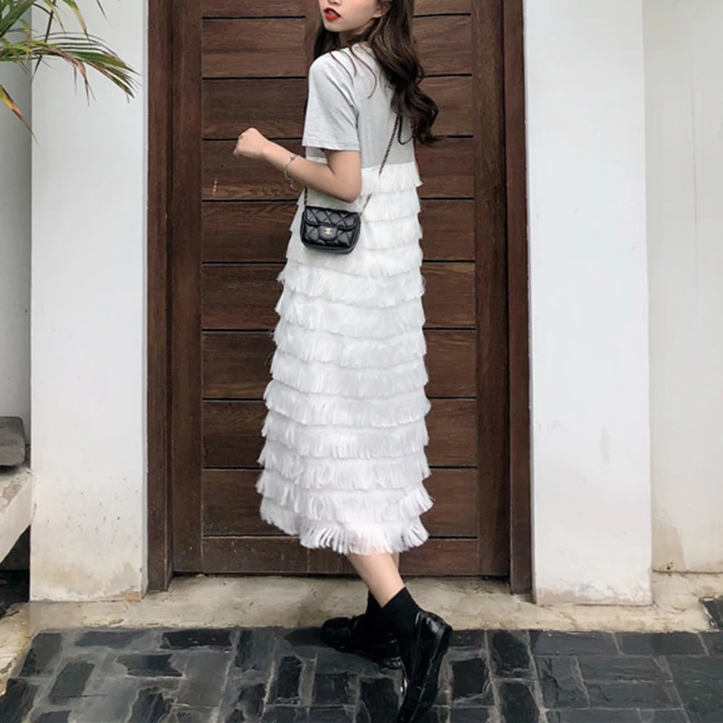 PERHAPS U black gray a line o neck layer cake dress casual summer short sleeve Tassel stitching long D1187 | Женская одежда