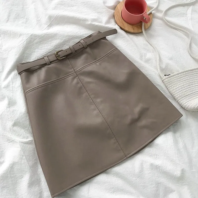khaki skirt Neploe из искусственной кожи Осень Зима Новая женская юбка с высокой талией однотонная мини-юбка с поясом трапециевидная Корейская юбка выше колена 68501 - Цвет: khaki skirt