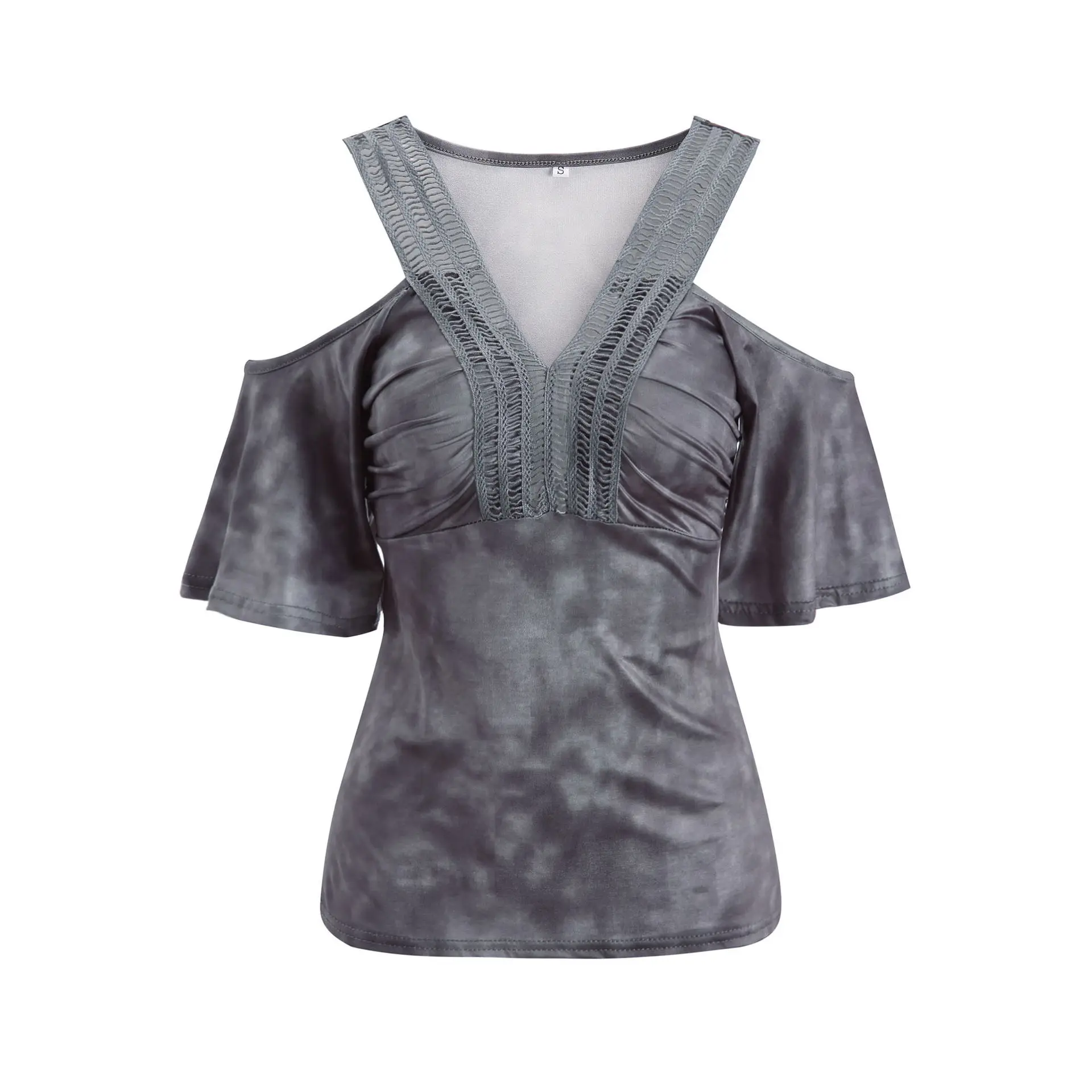 Summer Tie-dyed Graffiti Doodle Pink Gray Blue Short Sleeve T-Shirt Women T Shirt Sexy Off Shoulder Top Slim Fit Tee Femme | Женская