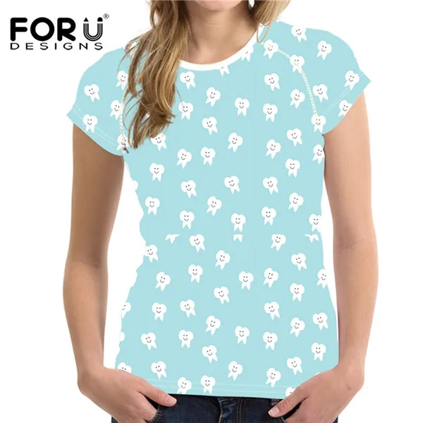 FORUDESIGNS/женская футболка, Брендовые женские летние топы, милые Мультяшные принты стоматолога, женская футболка, Повседневная футболка с коротким рукавом - Цвет: CJ0385BV