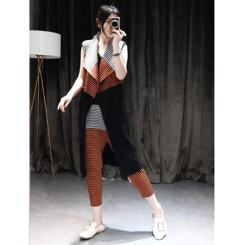 Высокое качество Miyake Fold лето полосатый жилет+ узкие брюки модный костюм из двух предметов брюки костюм