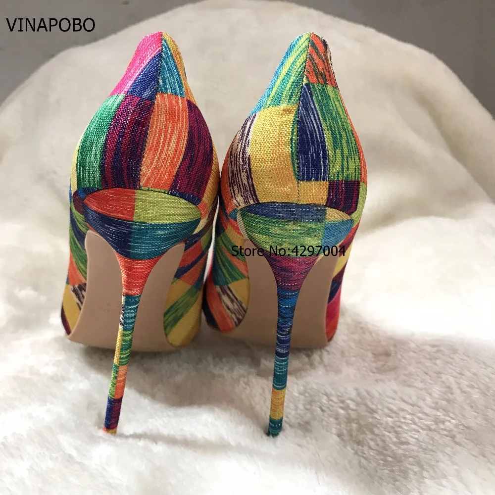 VINAPOBO Stiletto High Heels Women Pumps Colorful Plaid Striped Pointed Toe Shallow Footwear Autumn Party Ladies Shoes SIZE 43 | Обувь