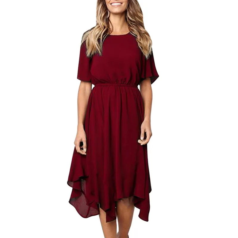 Wenyujh платье женское летнее Повседневное платье с коротким рукавом и О-образным вырезом на поясе длиной до колена с неровным эластичным поясом женское вечернее платье - Цвет: Wine Red