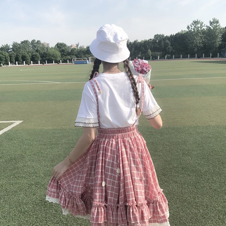 Японские мягкие юбки для сестер Kawaii, женская летняя юбка на подтяжках в стиле Лолиты с высокой талией, милая клетчатая кружевная юбка-пачка трапециевидной формы с оборками