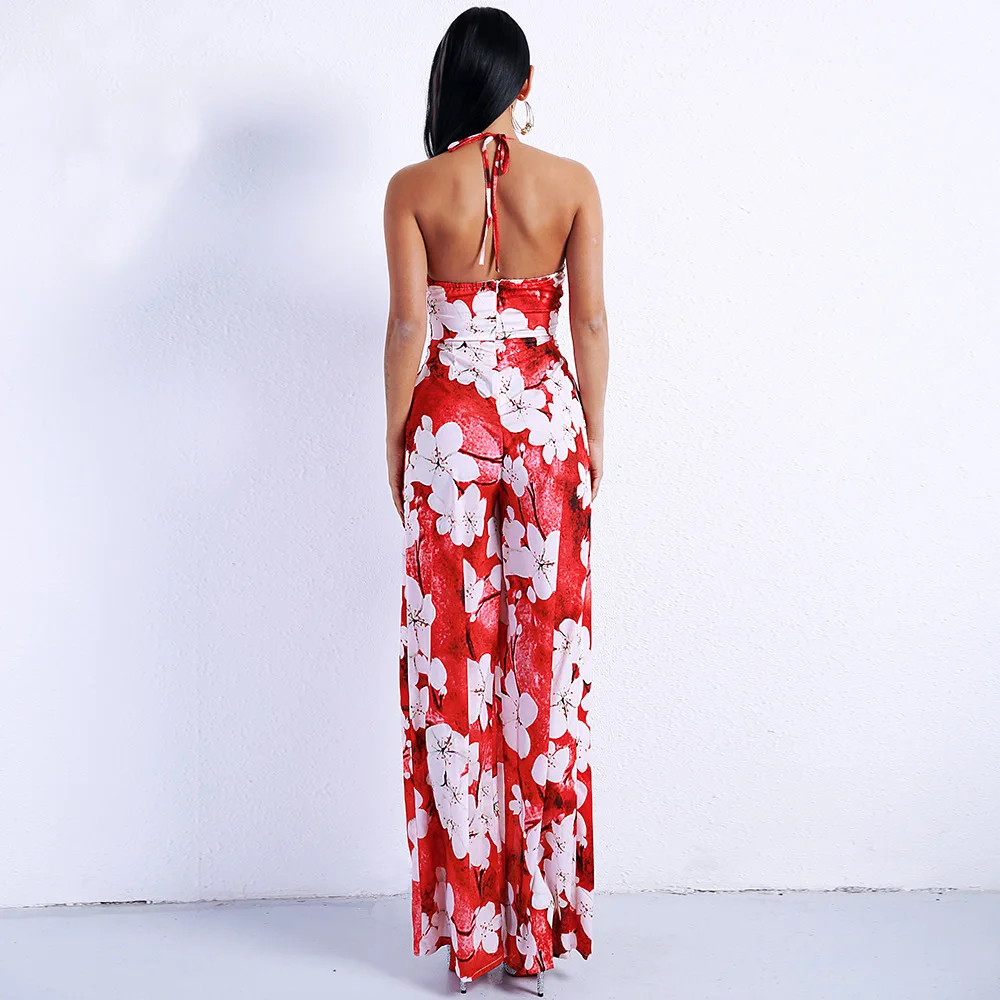 

2019 Jumpsuit Sexy Halter Slit Print Hollow Out Women V Neck Night Club Backless Party Bodysuit Elegant Jumpsuit Wholesale